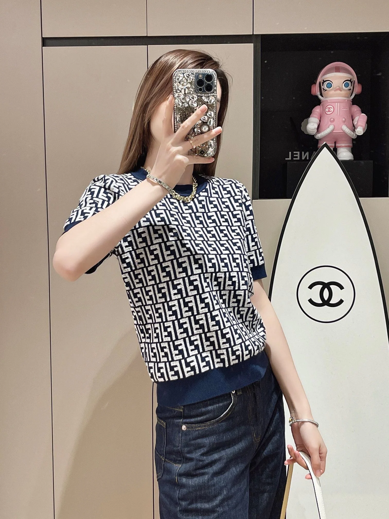 Fendi-2403 Monogram Crew Neck Knit Short Sleeve