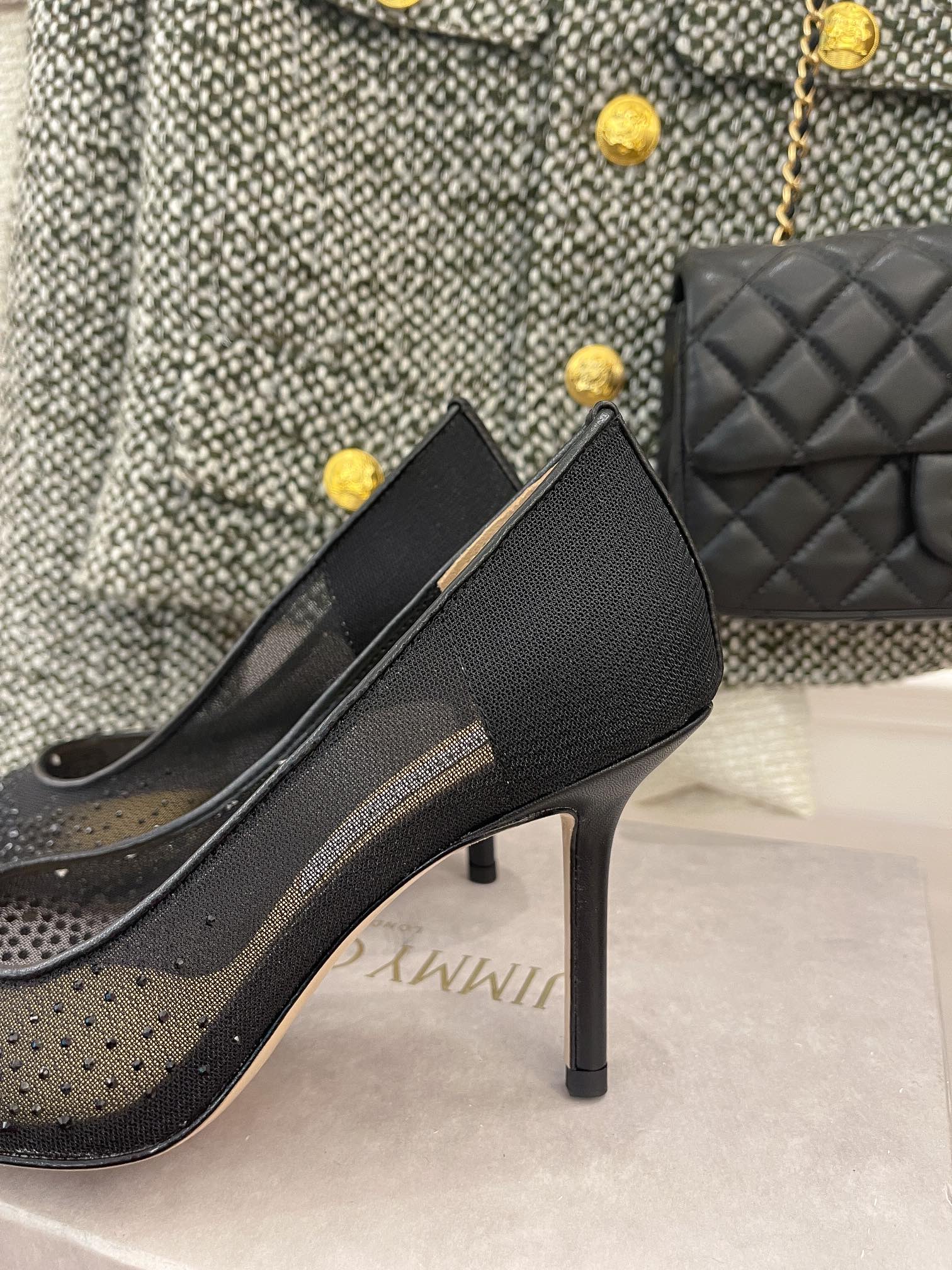 Jimmy - Туфли на высоком каблуке с сетчатой ??отделкой и стразами - Черные