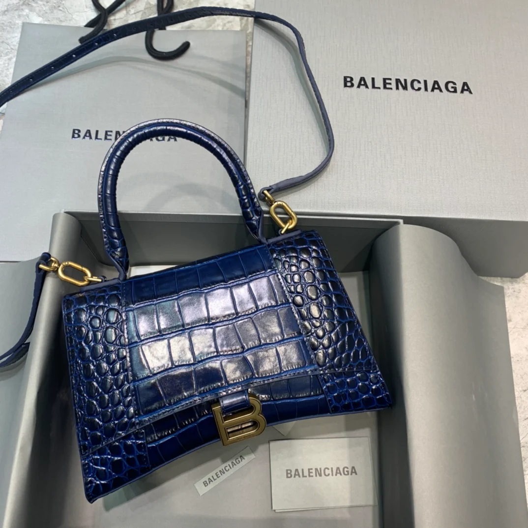 Сумка Balenciaga Hourglass – темно-синяя с крокодиловым принтом