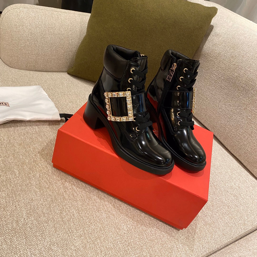 RV - Кожаные ботильоны на шнуровке с пряжкой - Черные