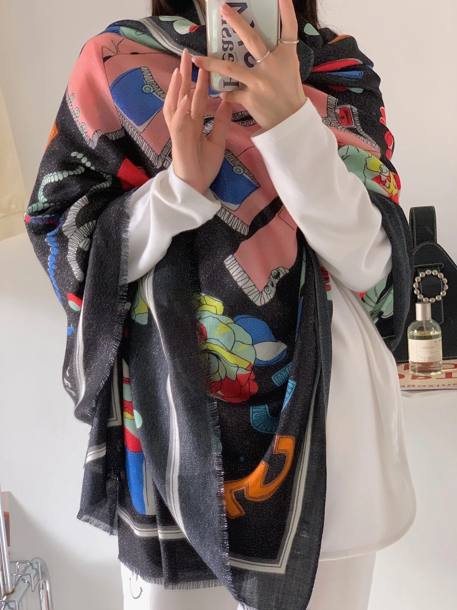 Chanel - Длинный шарф для девочек - 110-200 см - 100% кашемир - Черный