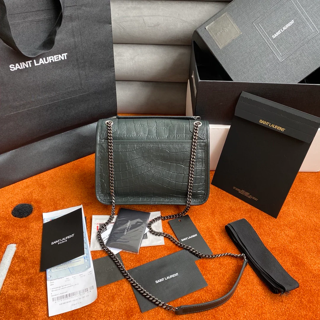Сумка-мессенджер YSL Niki - зеленая - с крокодиловым рисунком - 22 см