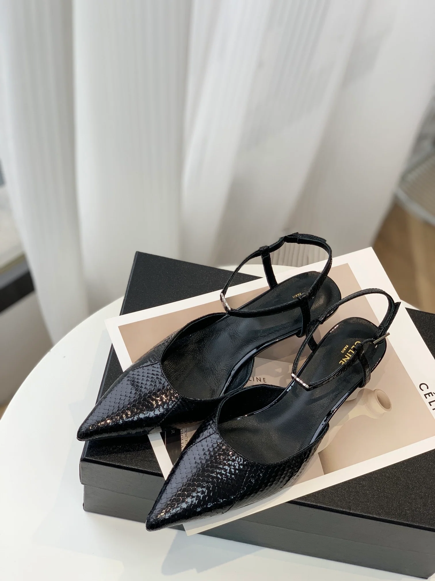 Новинка сезона весна/лето 2023 от Celine - Босоножки на низком каблуке с острым носком - Черные