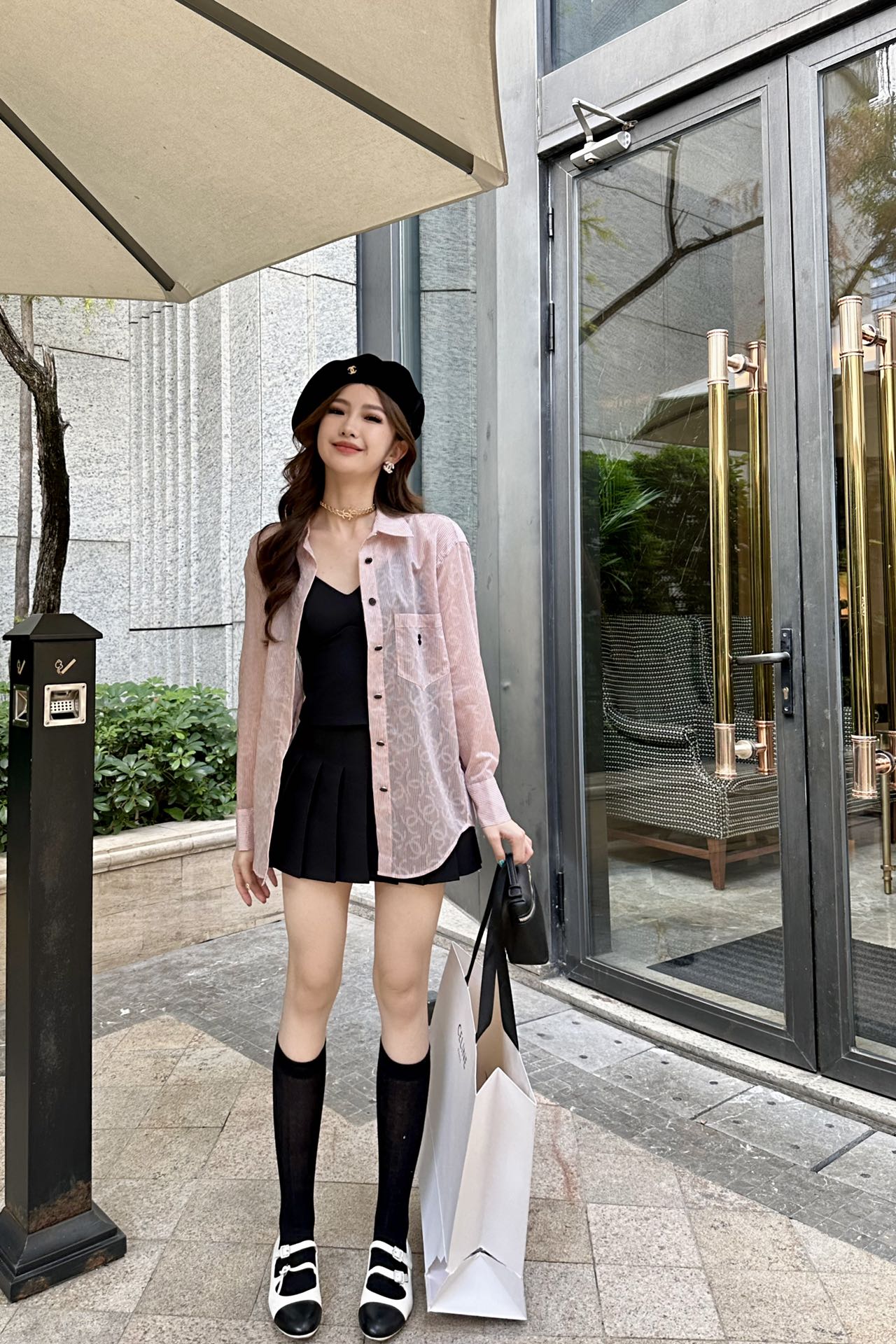 Chanel 2403 - Рубашка с двойным С-образным воротником и тонким узором - Розовая