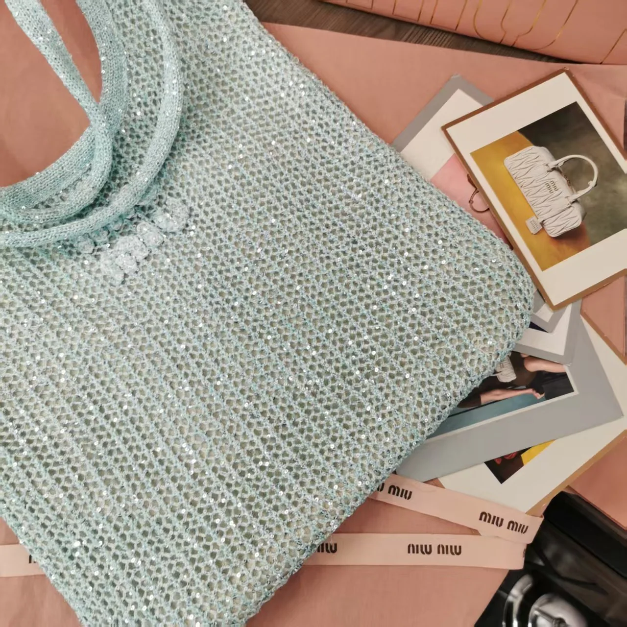 Сумка Miu Miu 5bg231 Ivy с пайетками и сетчатой ??отделкой - сине-зеленая.