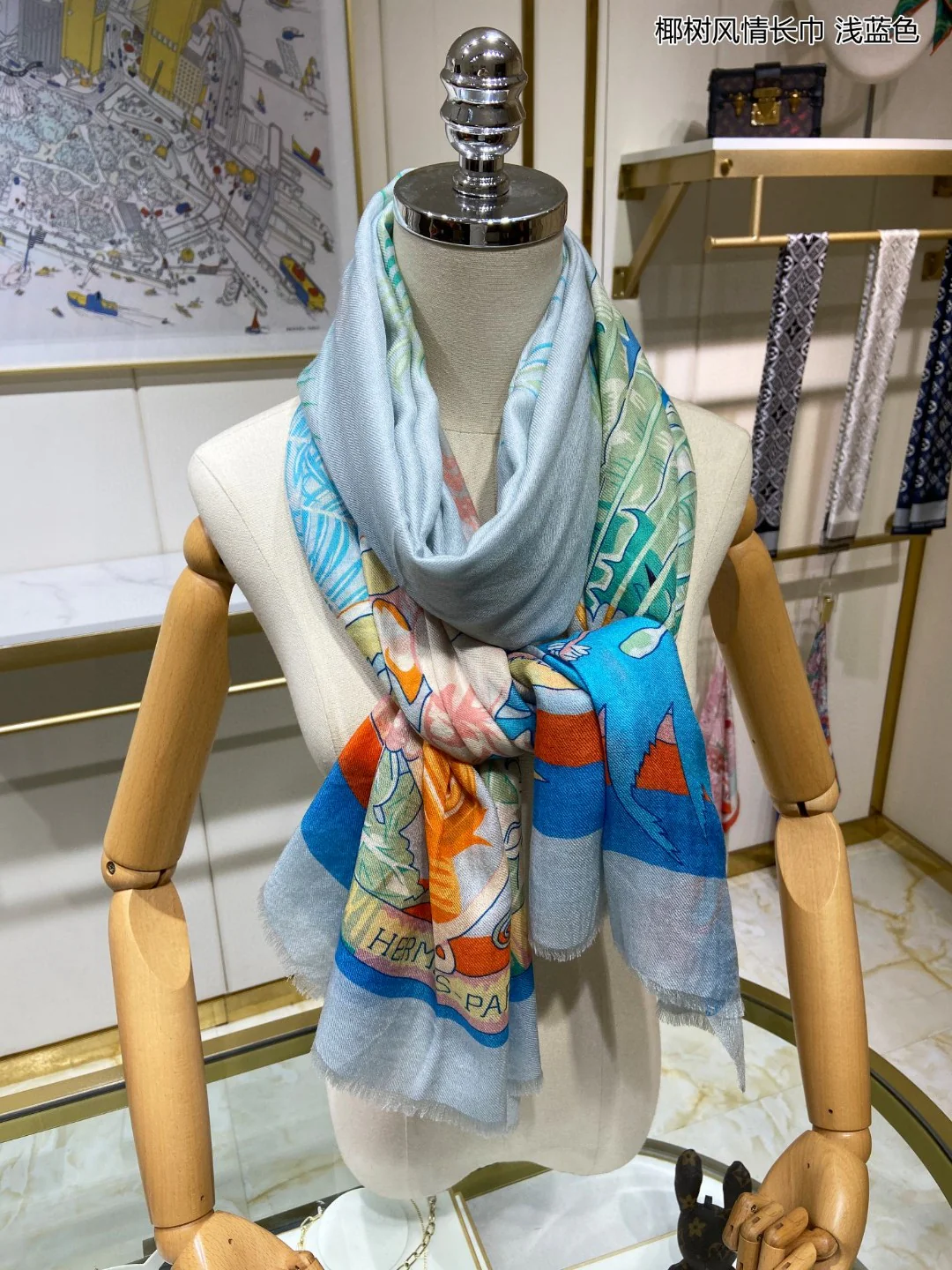 Длинный шарф Hermes в стиле ?Кокосовая пальма? — 110 см x 200 см — 100% высококачественный кашемир — синий.