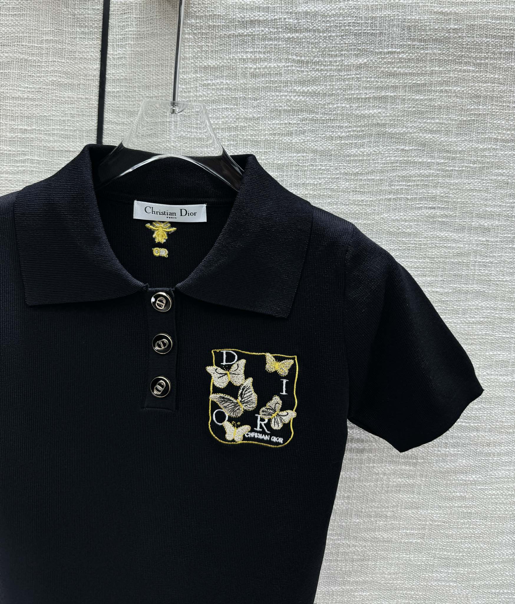 Футболка-поло Dior 2403 с вышитой бабочкой, трикотажная, с короткими рукавами - черная