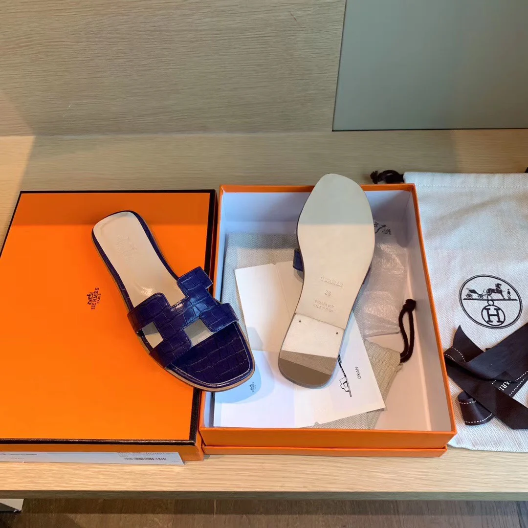 Классические тапочки Hermes с буквой H - Каменно-голубые