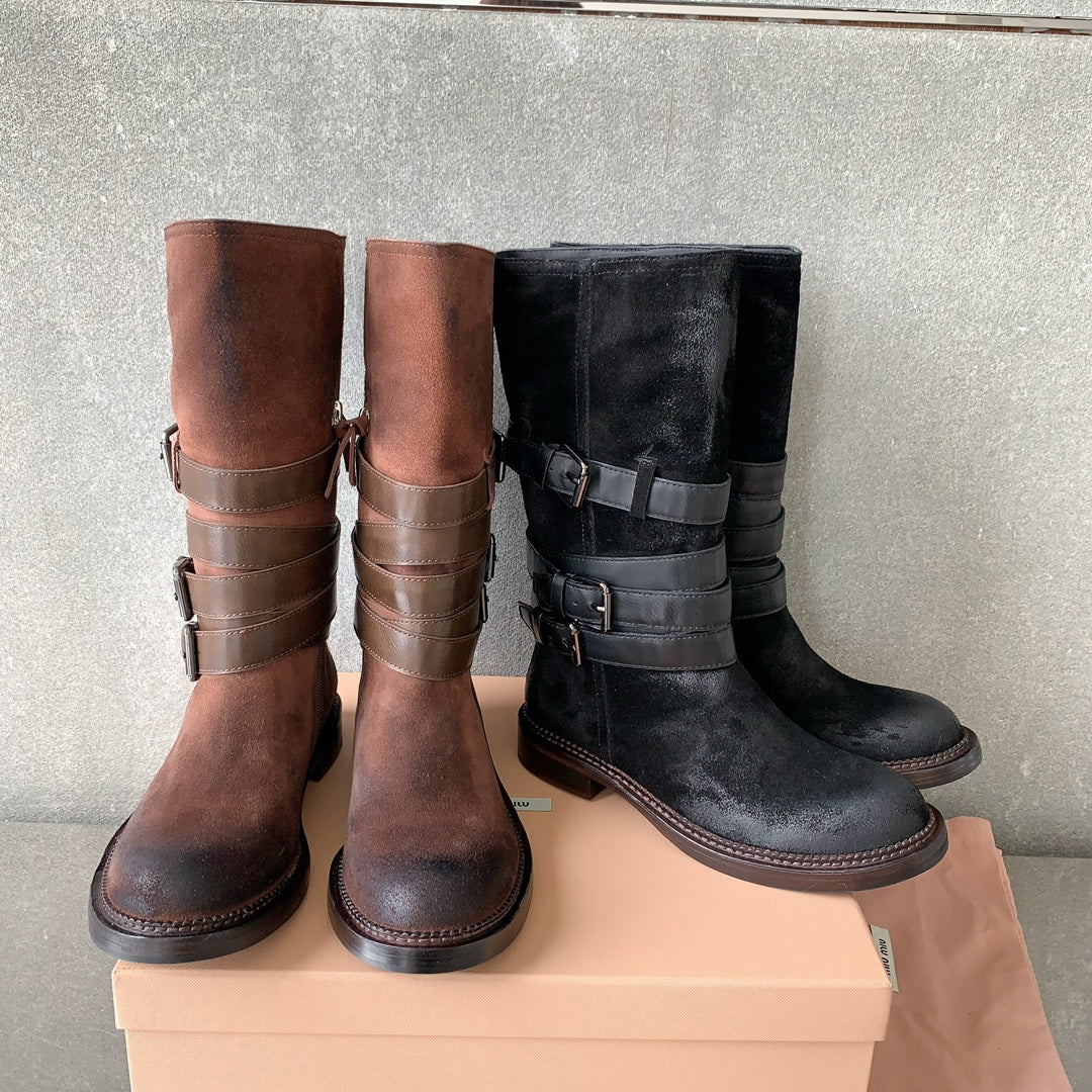 Новые мотоциклетные ботинки Miu Miu в стиле панк, 2023 год - черные.