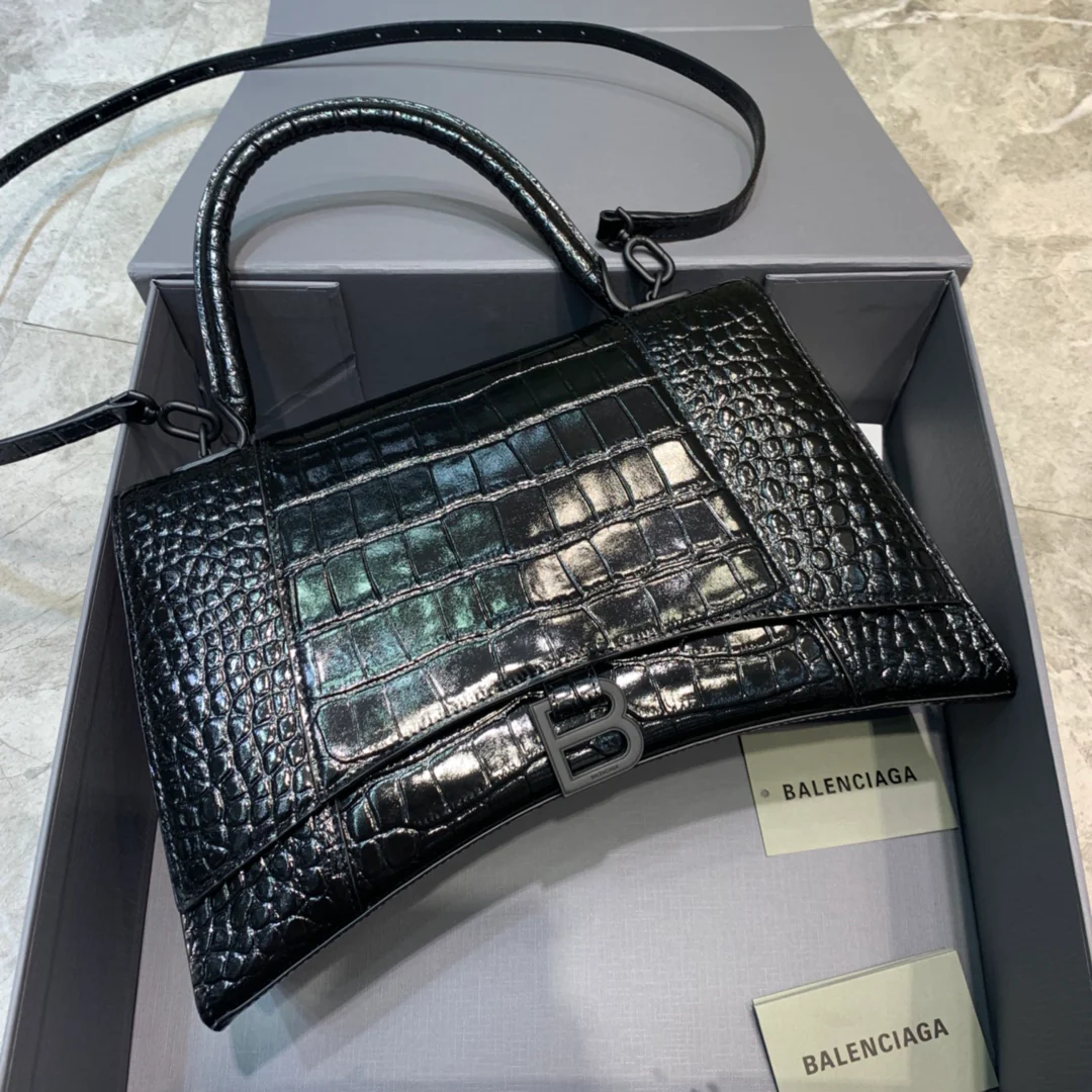 Сумка Balenciaga Hourglass - Новая, большой размер - Черная пряжка из крокодиловой кожи