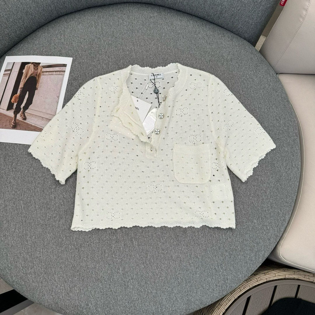 Chanel 2403 Весна/Лето Новинка Ажурный вязаный топ крючком - Свежий и чистый стиль Chanel - Белый