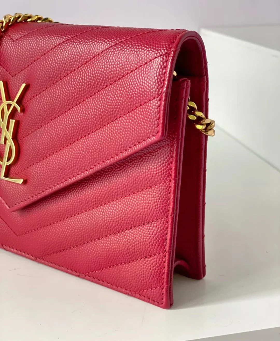 YSL Monogram Caviar WOC Red with Gold buckle 19cm
