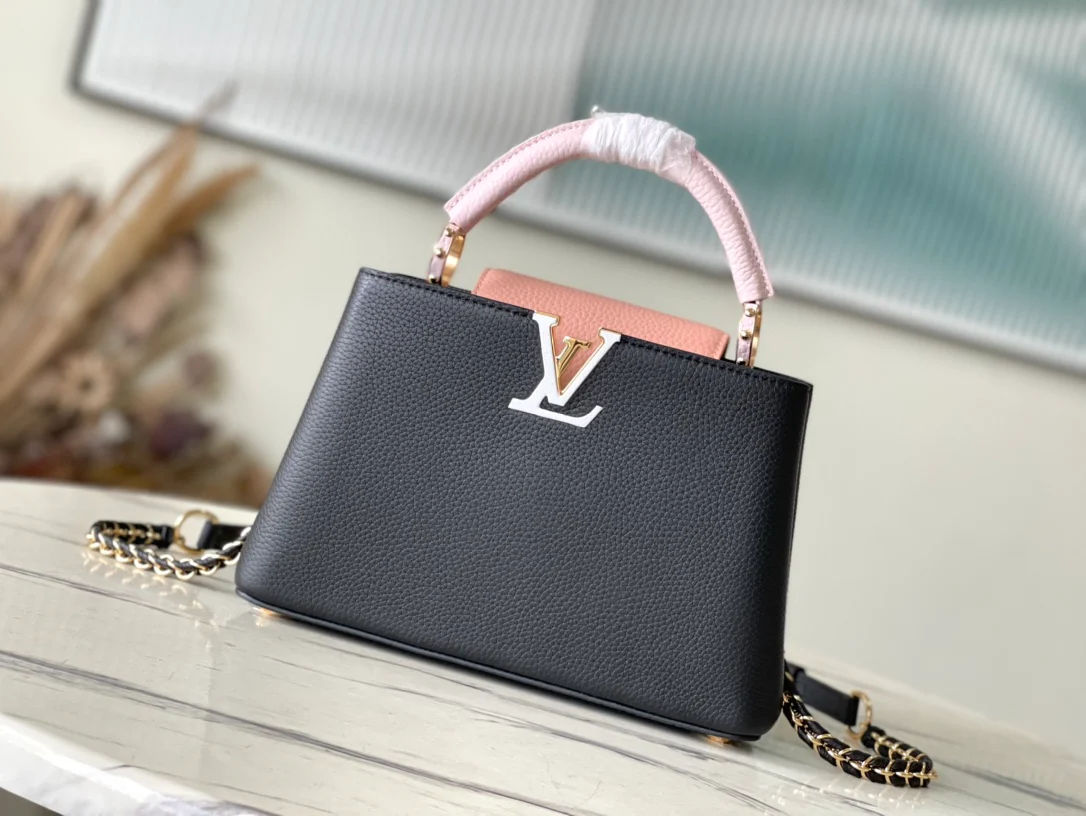 m21887-LV-Taurilon Leather-Capucines Handbag-Black/Pink-Small Size