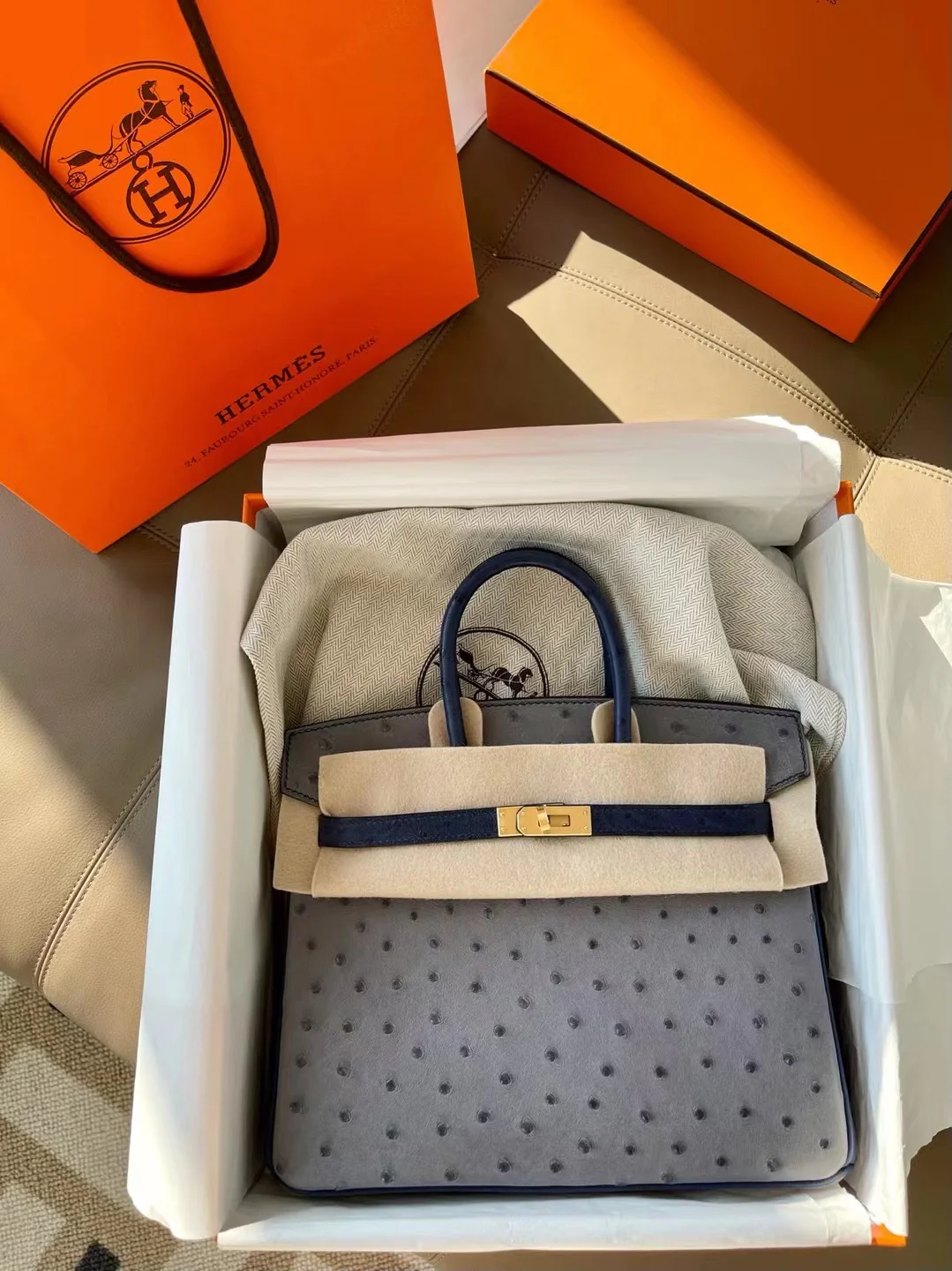Сумка Hermes Birkin 25 из страусиной кожи, серо-агатового цвета с голубой отделкой и золотой пряжкой.