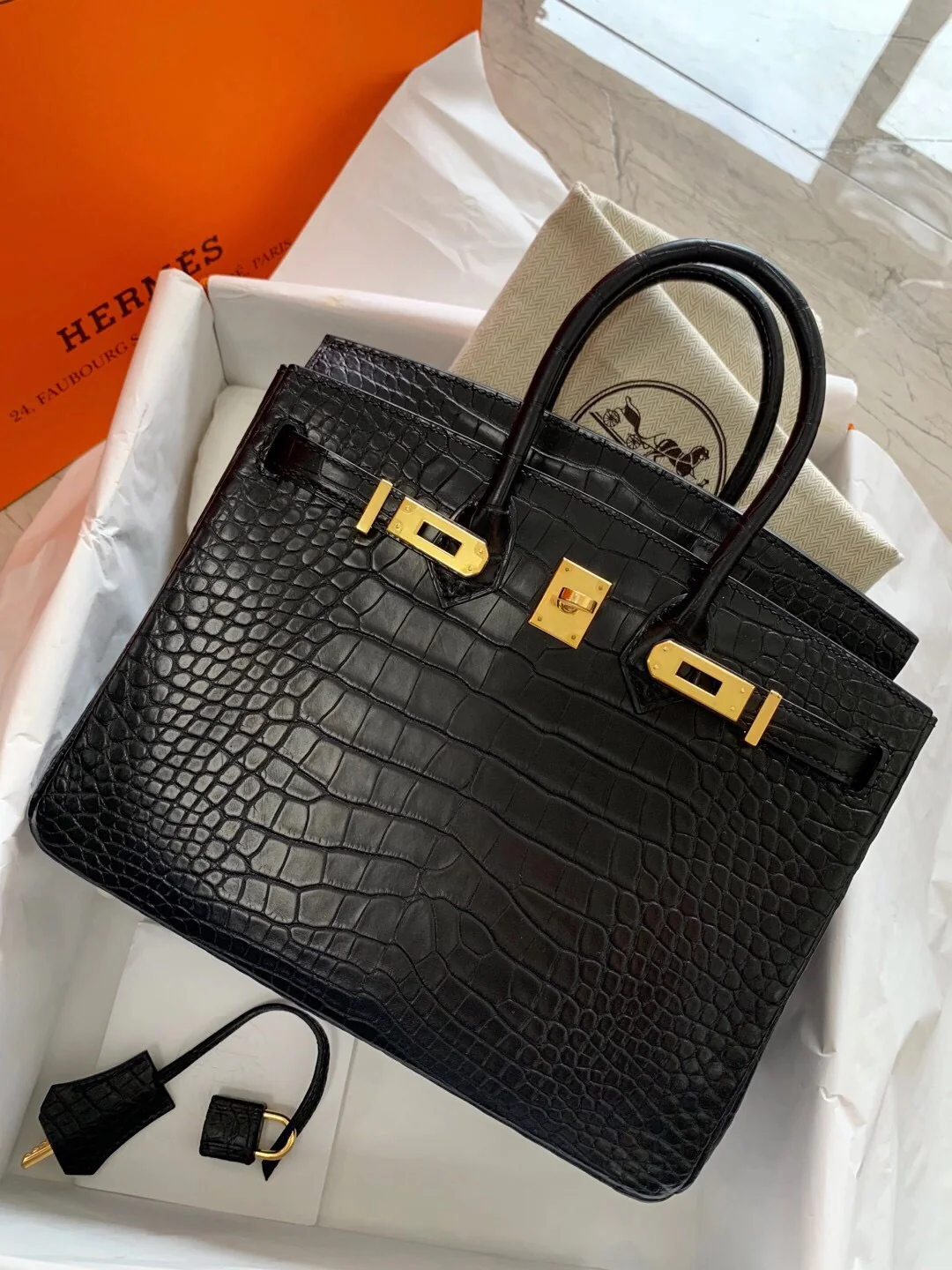 Сумка Hermes Birkin 25 из матовой квадратной кожи аллигатора черного цвета с золотыми монетами.