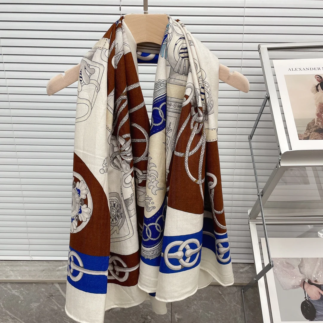 Большой двусторонний шарф Hermes - 136 см - 30 - Шелк 70 - Шерсть - 1