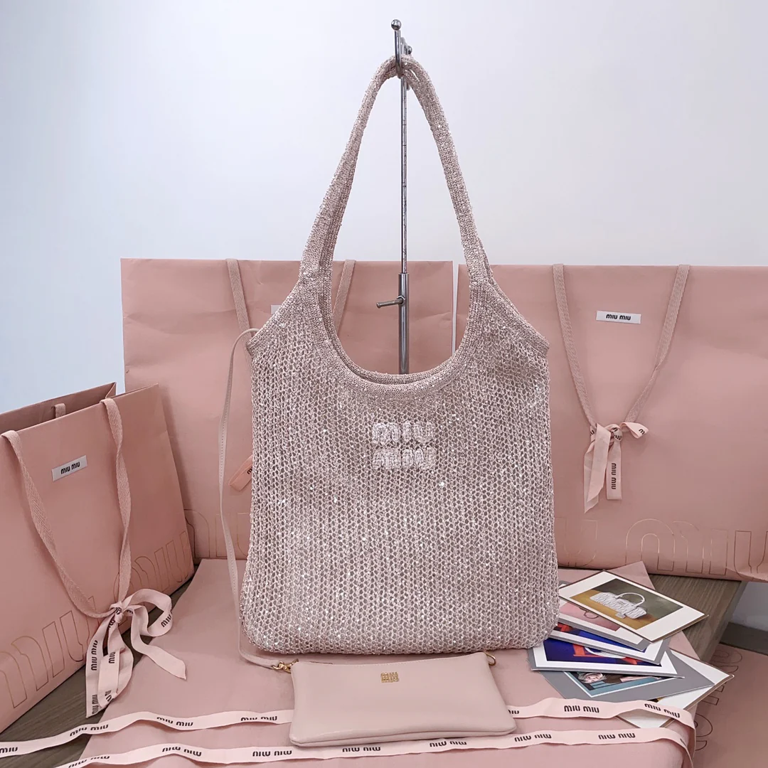 Сумка Miu Miu 5bg231 Ivy с пайетками и сетчатой ??отделкой - розовая.