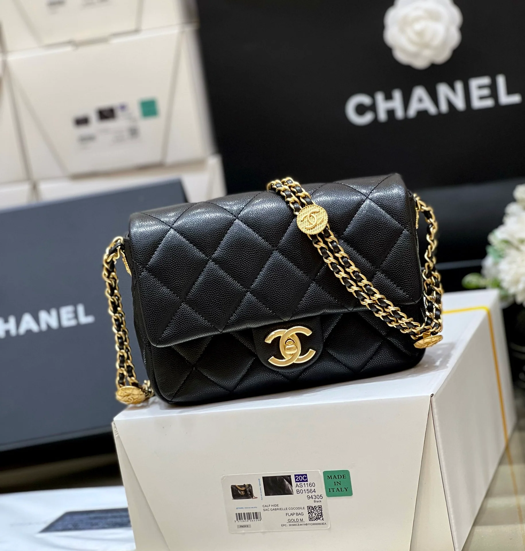 Сумка Chanel CF с цепочкой и монетами — зернистая кожа — большой размер — черная