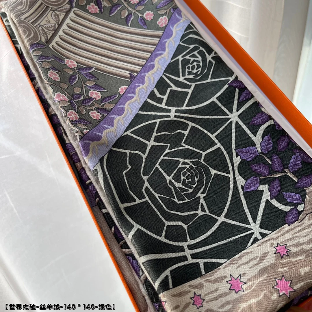 Hermes - World Axis - 140 шелковый кашемировый квадратный шарф