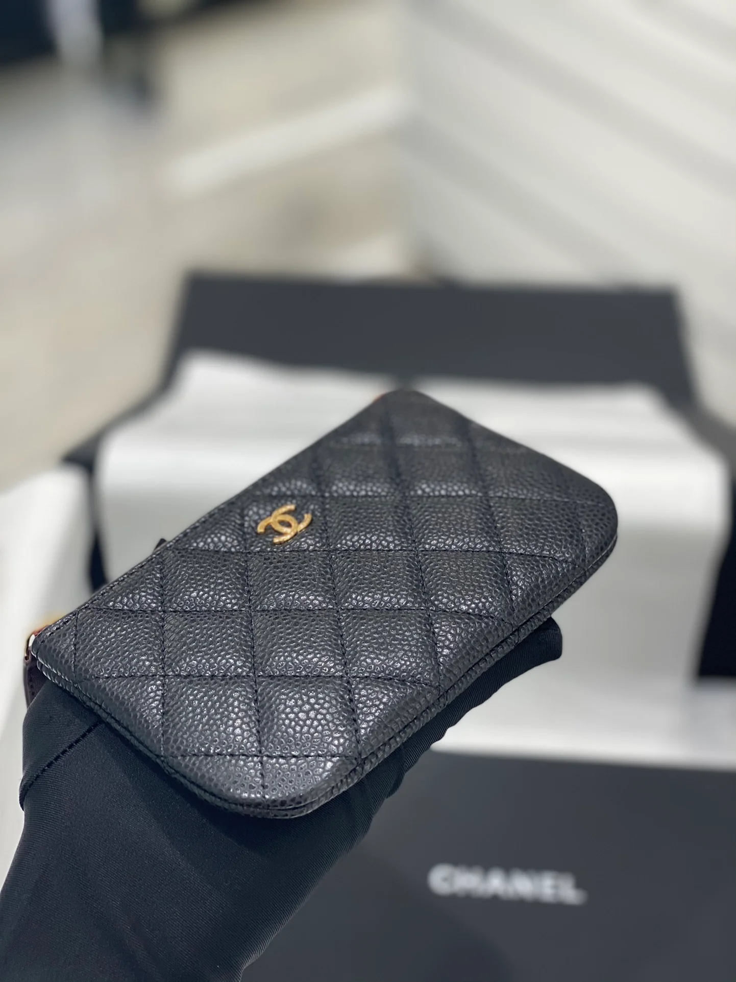 热销款 Chanel-19系列 经典皮革拉链零钱包 黑色金扣