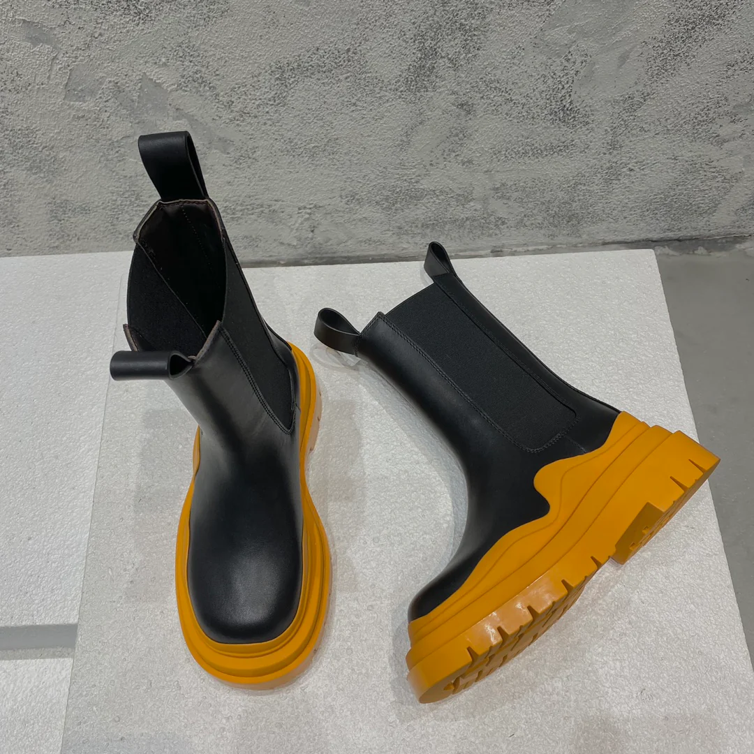 BV-22ss - Британские ретро-сапоги до середины икры - Унисекс - Черные с оранжевой подошвой