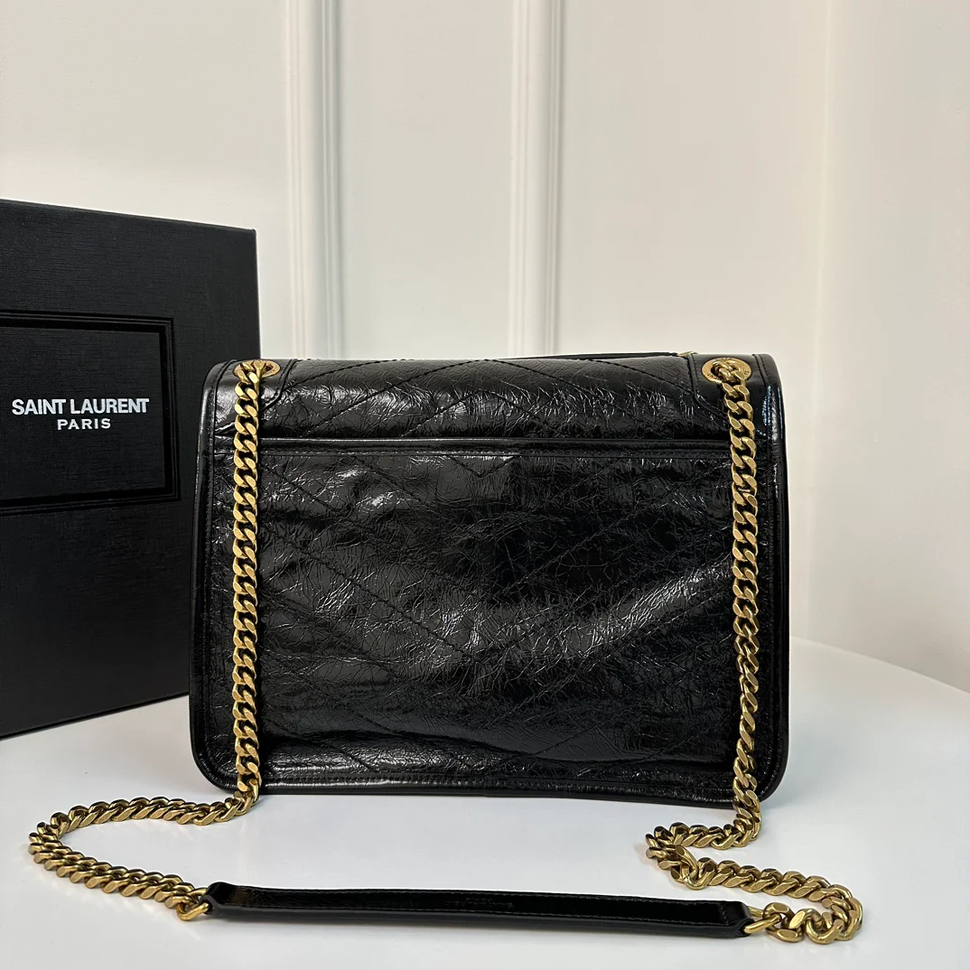 YSL Niki Baby 28 см, кожаный ремешок, черный, с золотой цепочкой