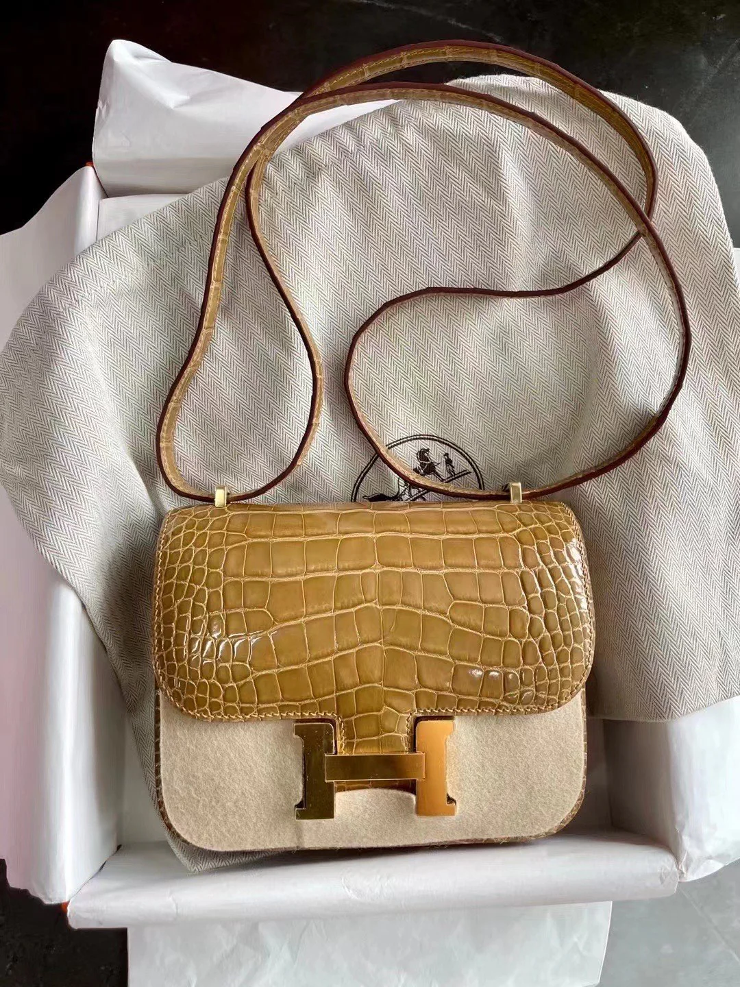 Hermes Constance 19 Миниатюрная пряжка из кожи аллигатора бежевого цвета с золотым покрытием