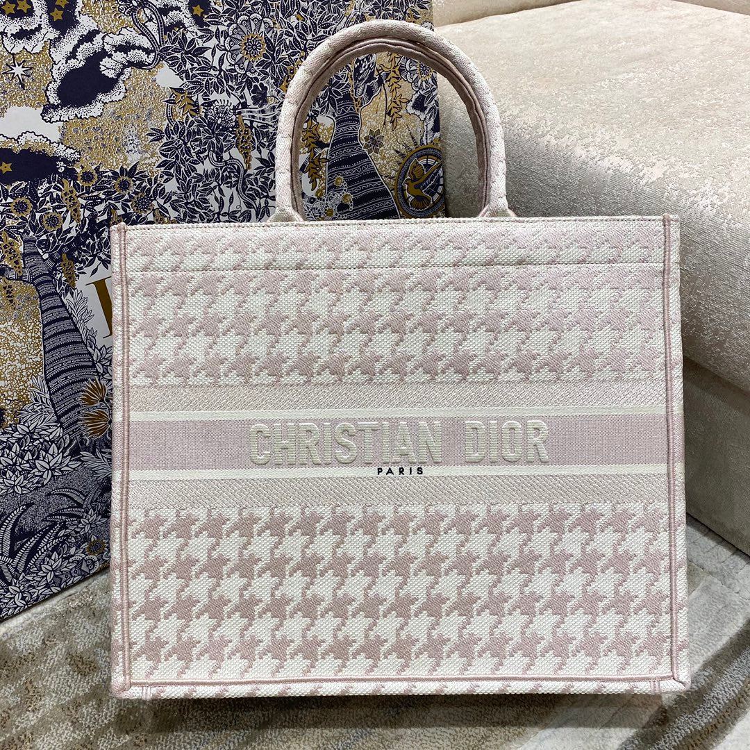 Сумка Dior Book Tote, большой размер 41-5 см, розовая в клетку ?гусиная лапка?.