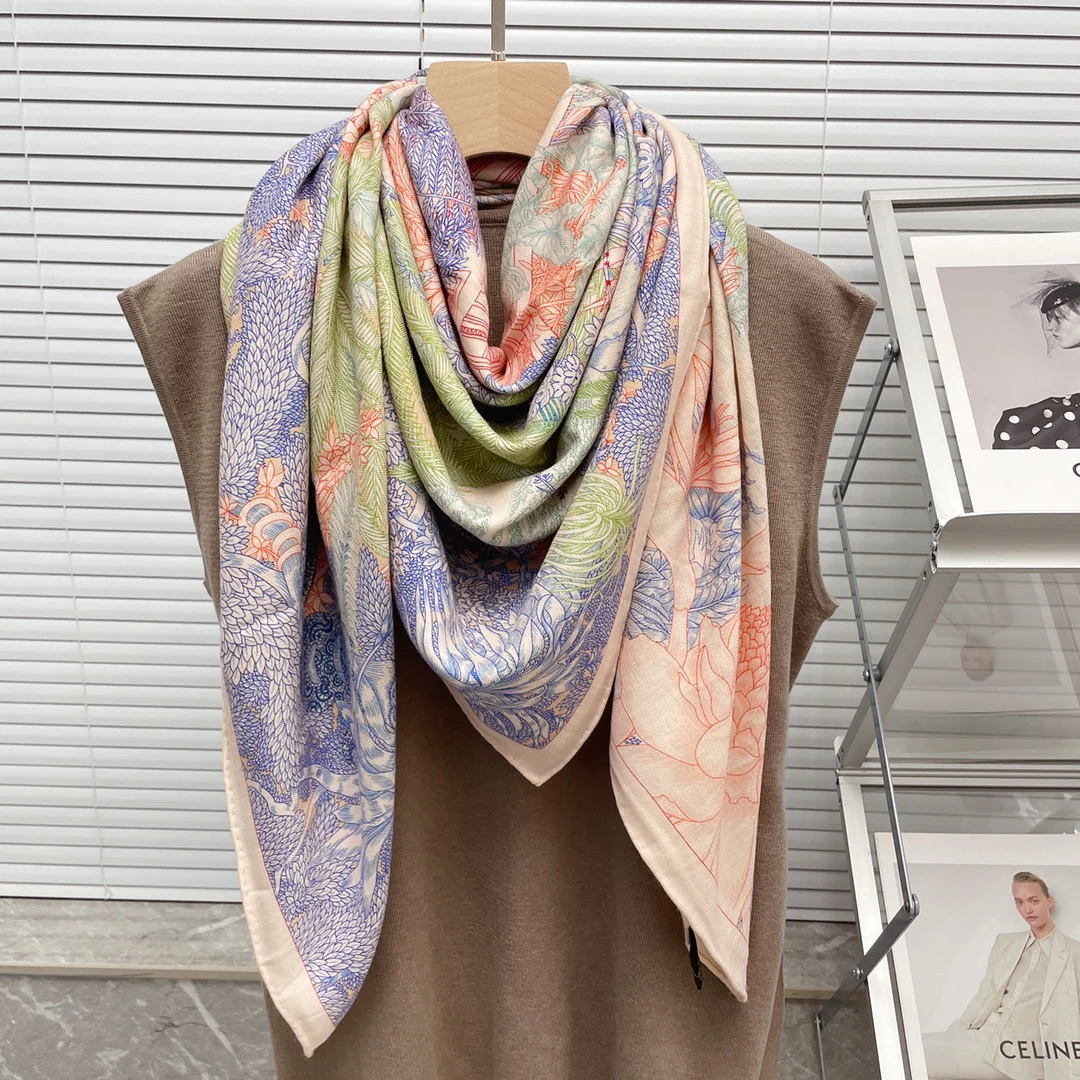 Большой двусторонний шарф Hermes - 140 см - 30 - Шелк 70 - Шерсть - 3