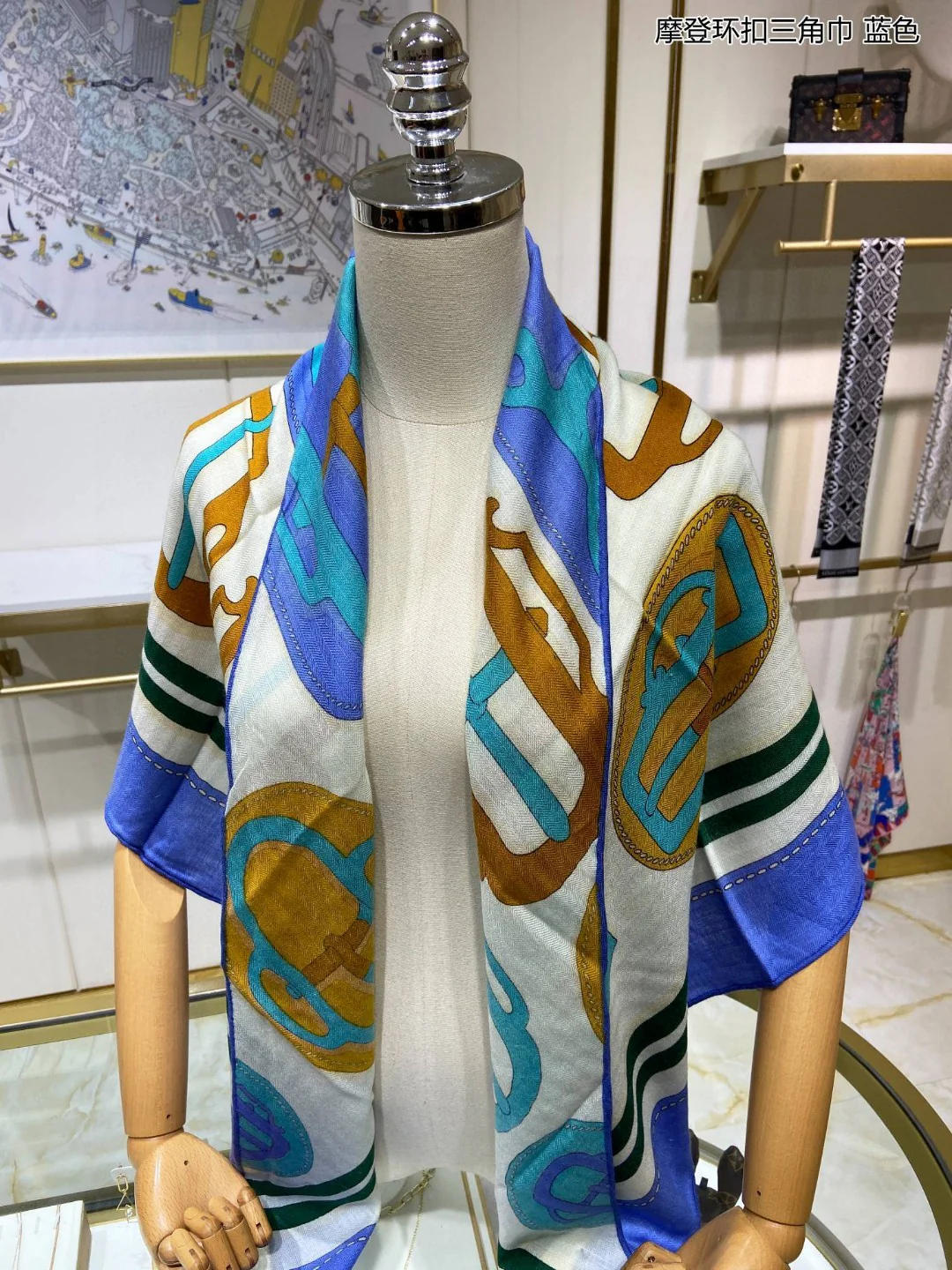 LV - Современный треугольный шарф с пряжкой - 94 - 188 - 70 - Кашемир - 30 - Шелк - Синий