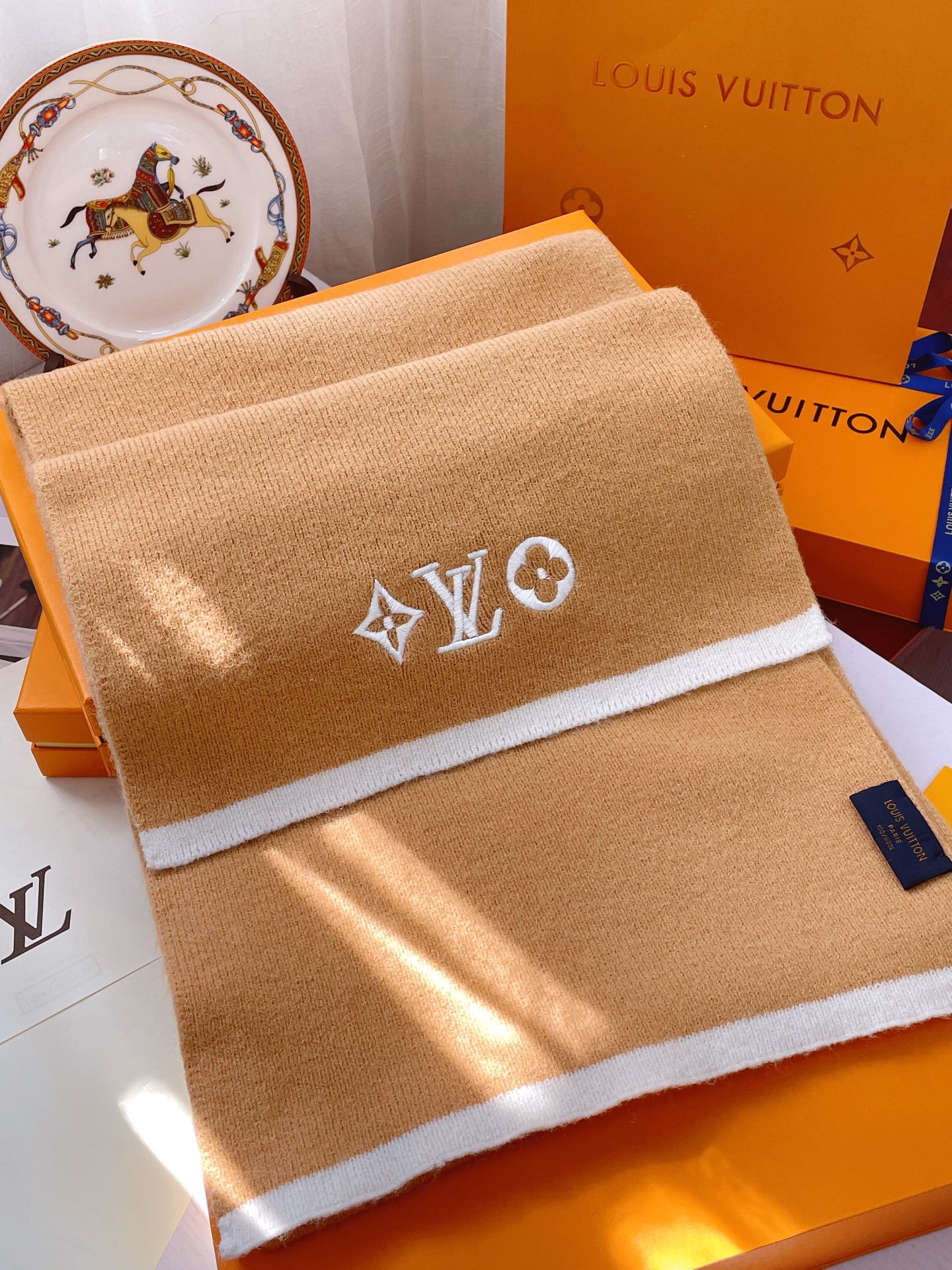 LV - Кашемировый вязаный шарф премиум-класса - 35 см - 200 см - Абрикосовый