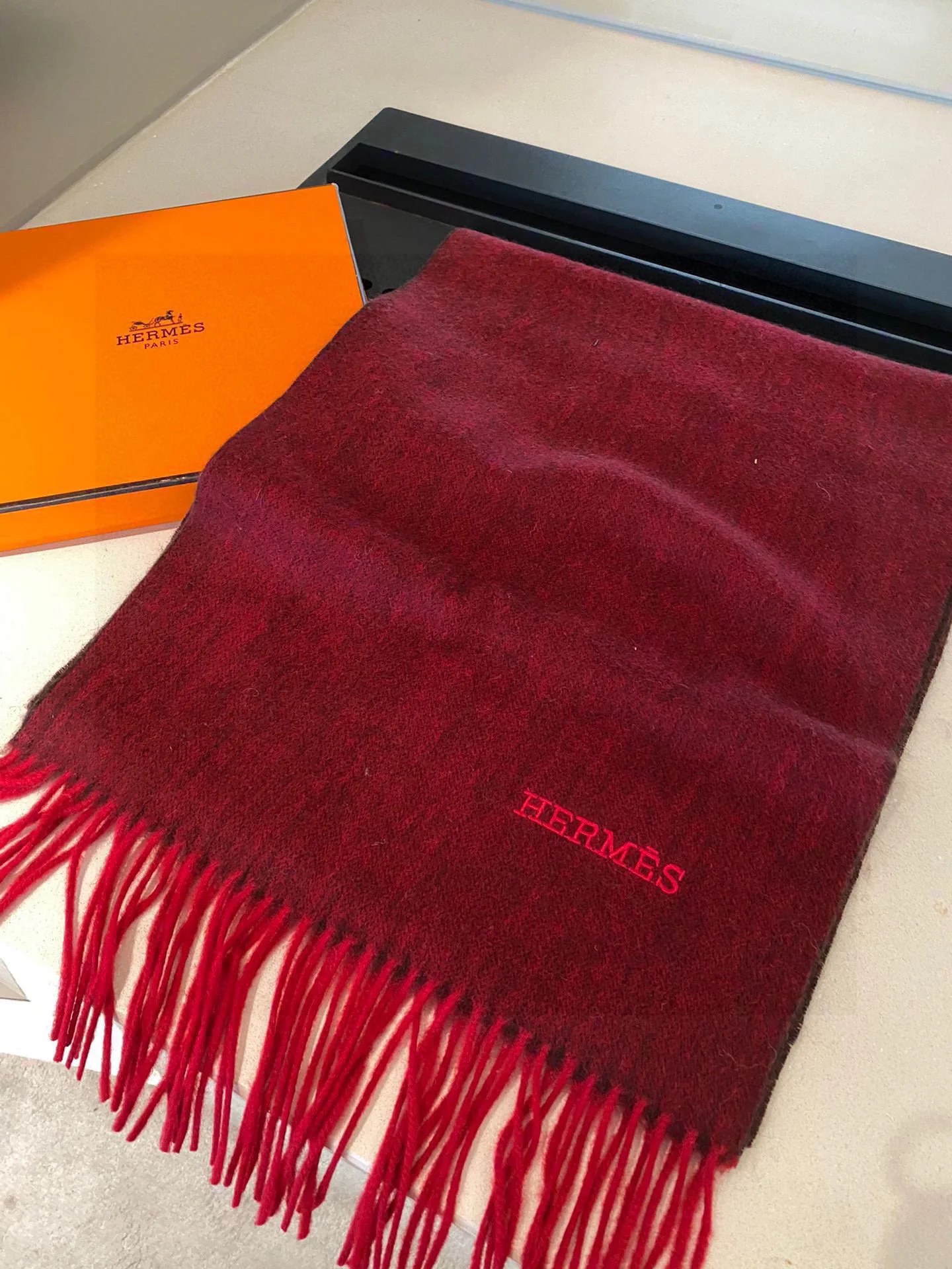 Двусторонняя кашемировая шаль/шарф Hermes - 210 см - красный