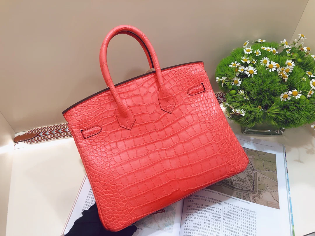 Hermes-birkin-25-American crocodile-a5-mat-croco-handle-red azalea-gold buckle
