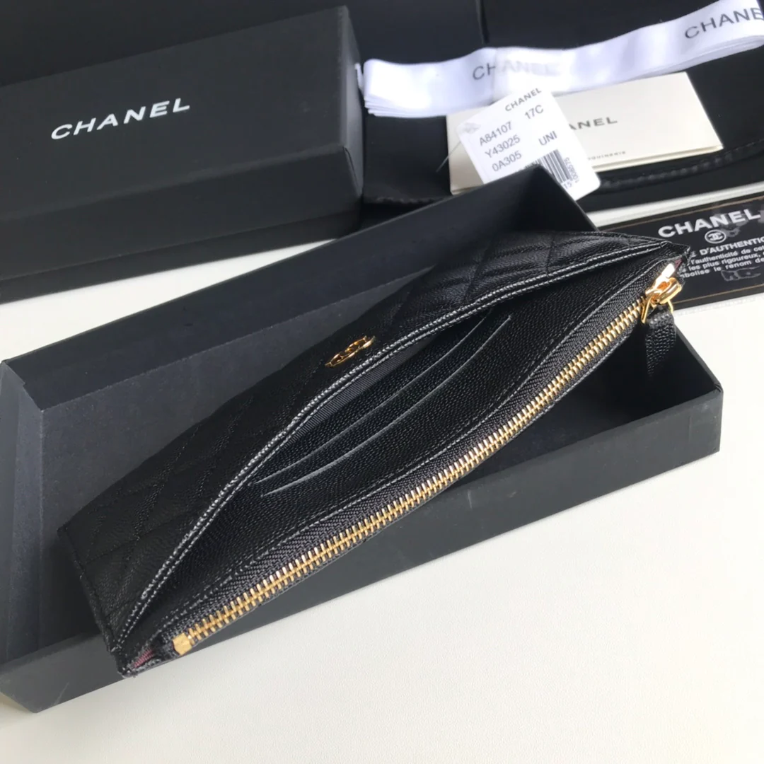 Chanel - Длинный кошелек/держатель для карт на молнии - Плоский длинный кошелек - Черная кожа цвета личи с золотой пряжкой