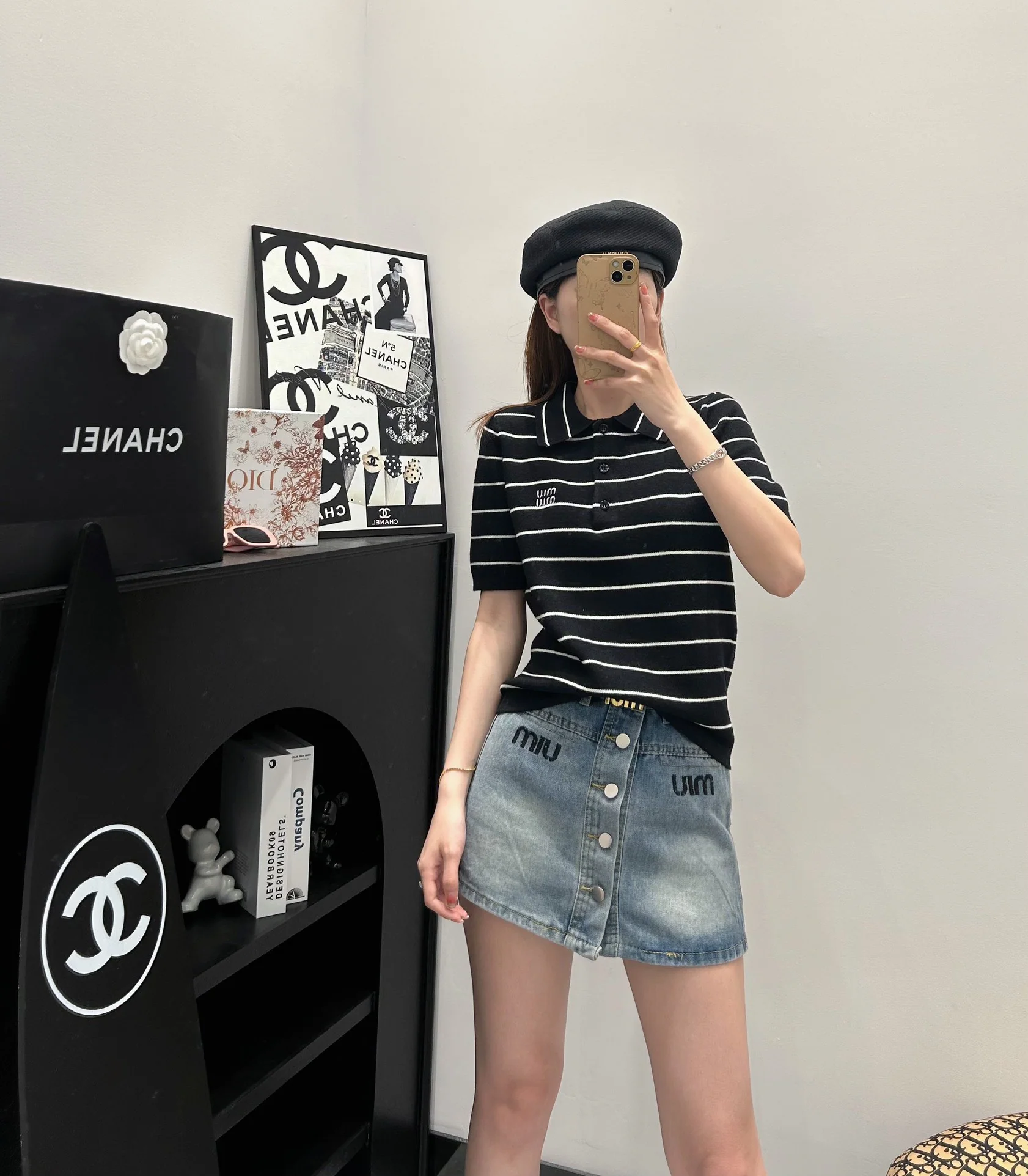 Miu Miu - 2404 - Трикотажная футболка-поло с коротким рукавом и воротником-поло в полоску, цветные блоки - Черная