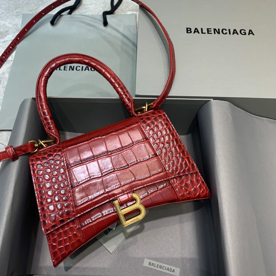 Сумка Balenciaga Hourglass - бордовый цвет, с крокодиловым рисунком