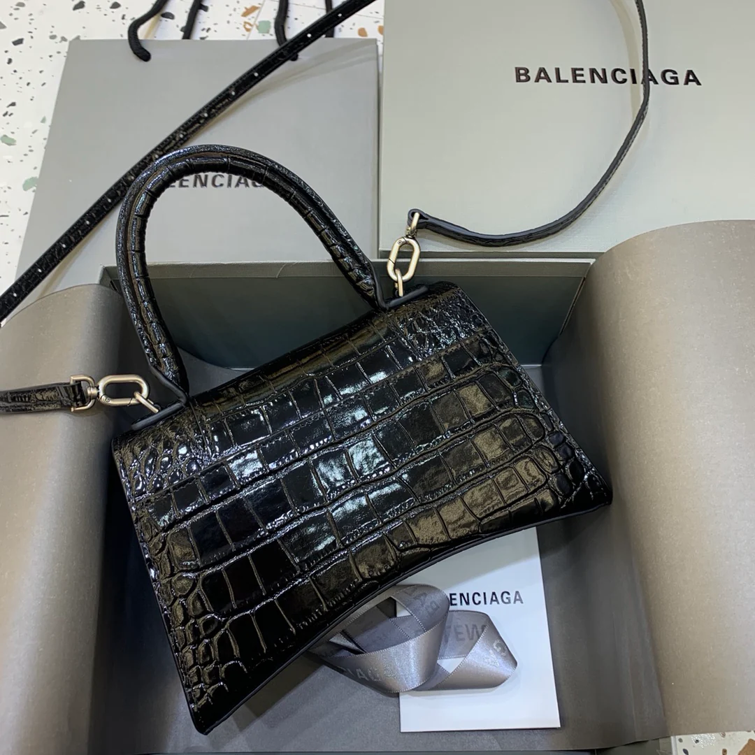Сумка Balenciaga Hourglass - Черная с крокодиловым рисунком - Серебряная фурнитура