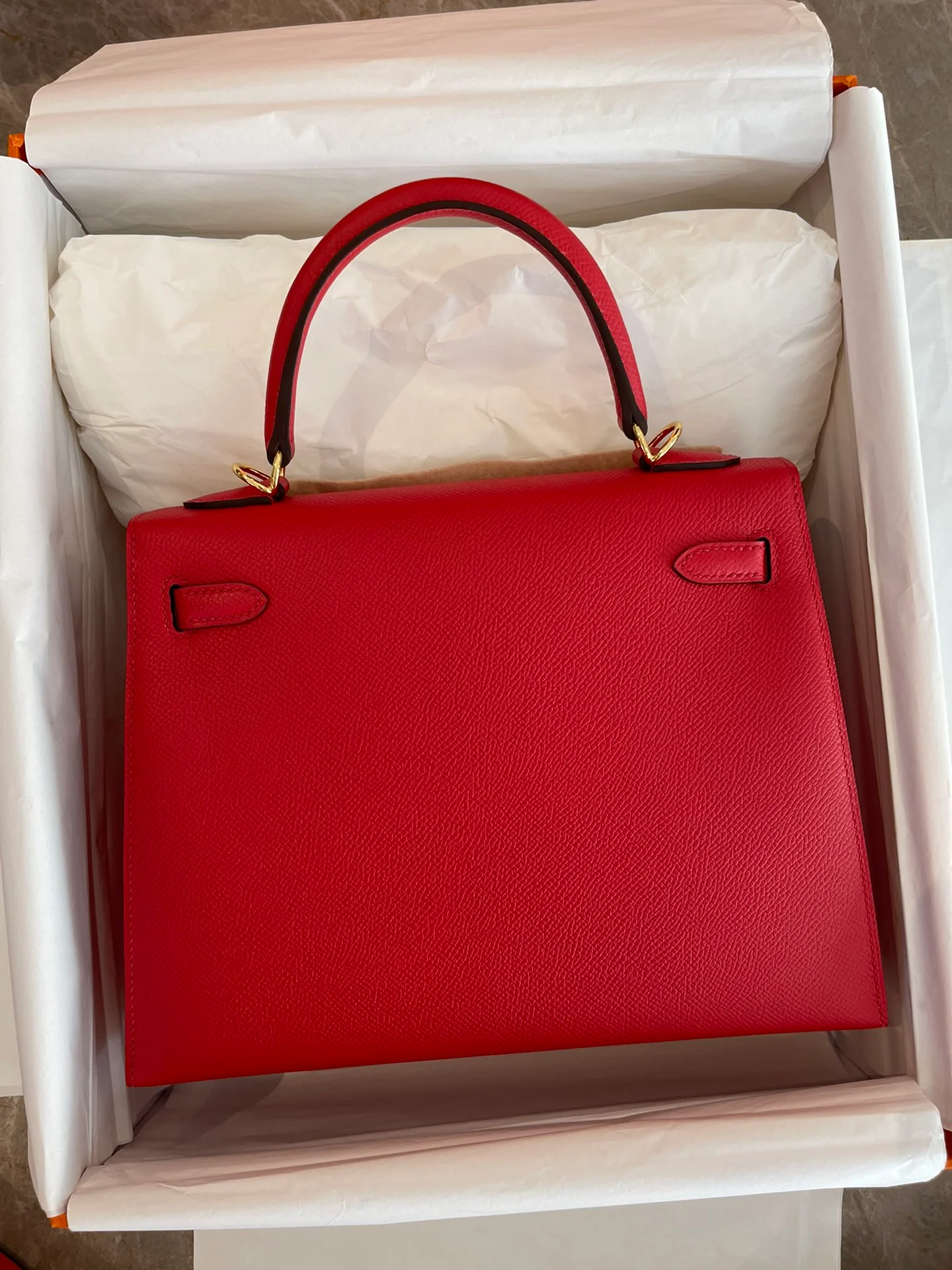 Пряжка Hermes Kelly 25 Epsom Flag Red Gold Buckle