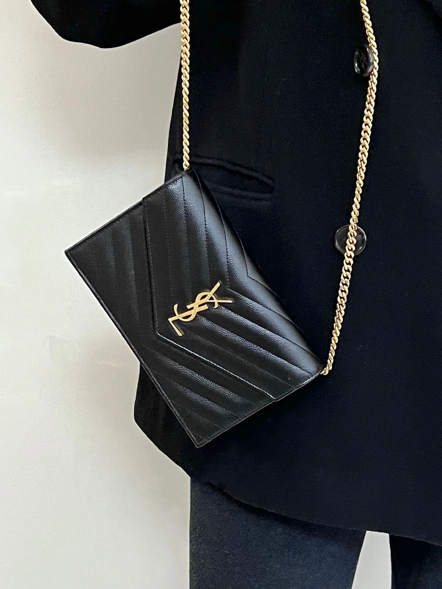 YSL Monogram Caviar WOC Black with Gold Buckle 19cm