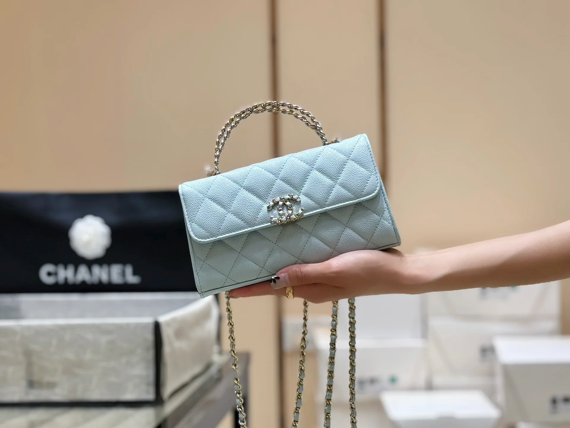 Сумка Chanel 25s Kelly Handle Bag, горизонтальный стиль, нежно-голубой.