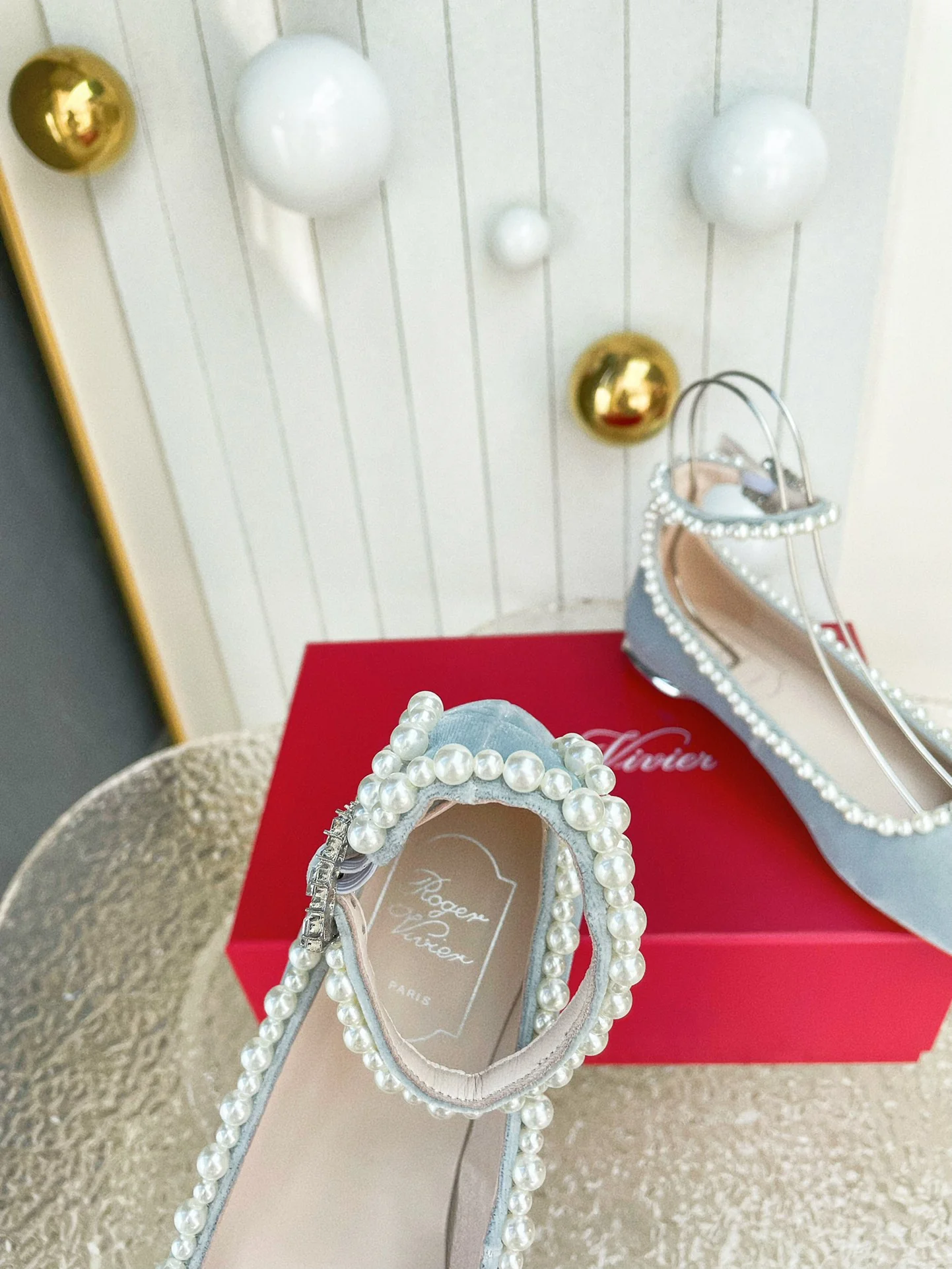 Туфли RV - балетки с жемчужной отделкой, 2024 год - синие