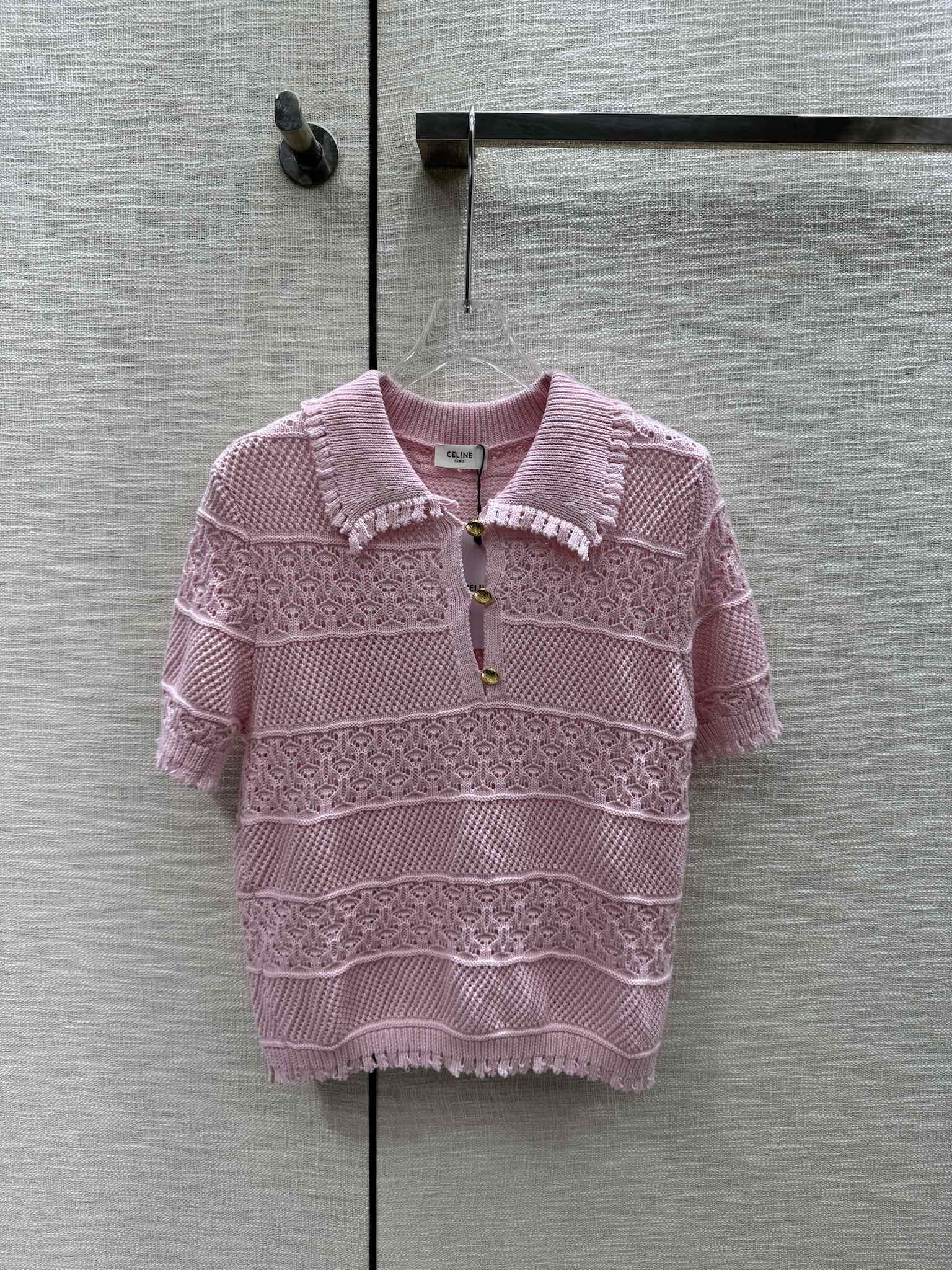 Celine-2404 - Ажурная вязаная футболка-поло с коротким рукавом, розовая