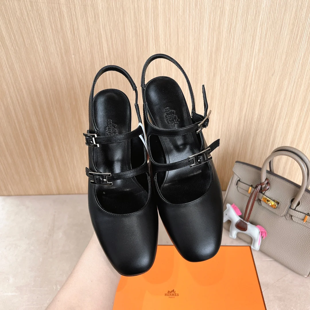 Балетные туфли на высоком каблуке Hermes 2024 - черные