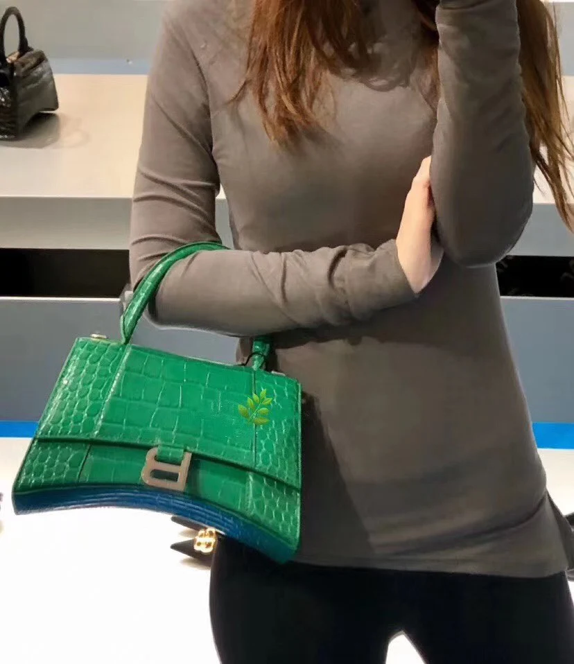 Сумка Balenciaga Hourglass - зеленая с крокодиловым принтом