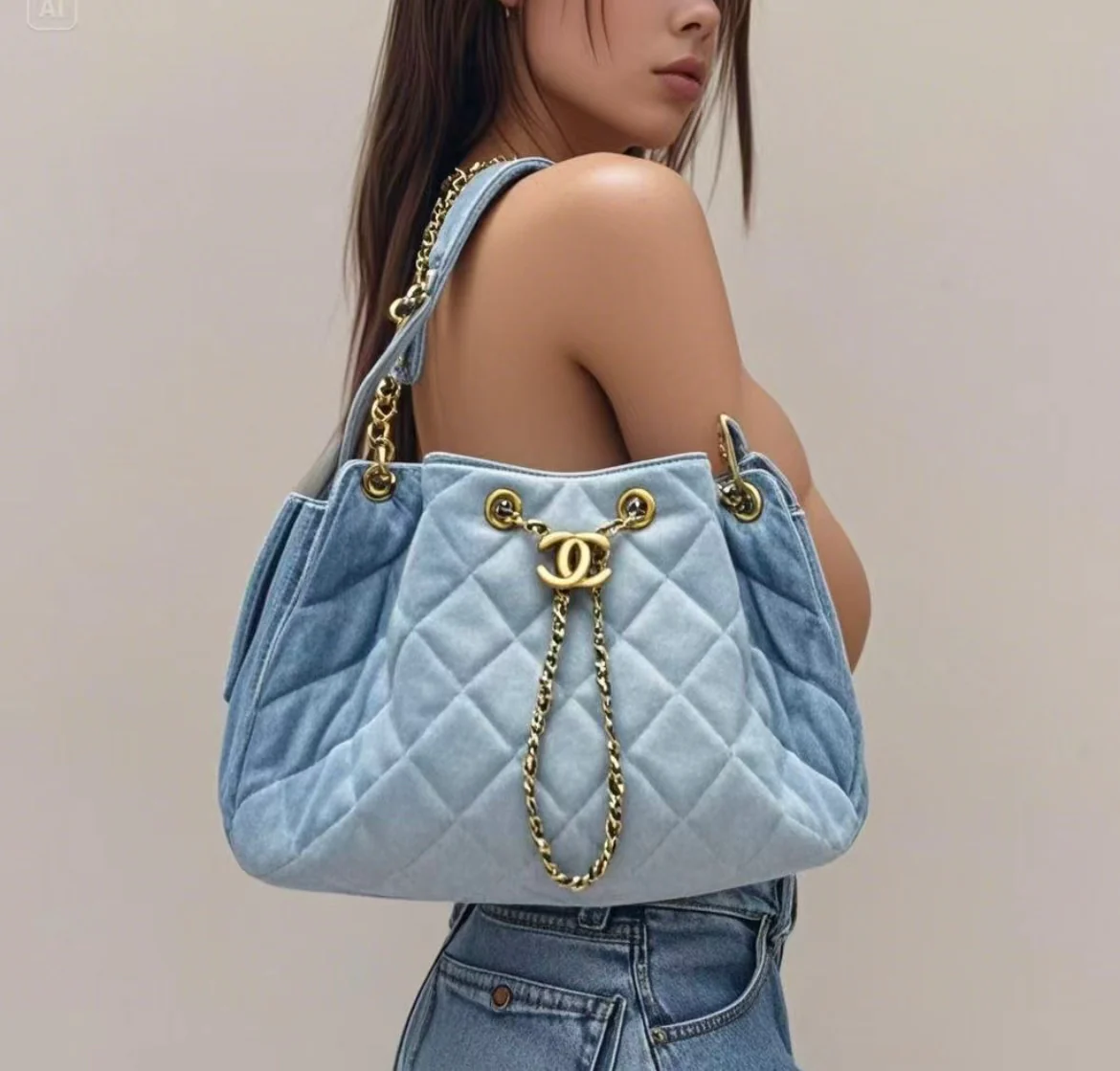 Сумка-ведро Chanel 25s 25bag из джинсовой ткани с завязками, цвет джинсовый, маленький размер.