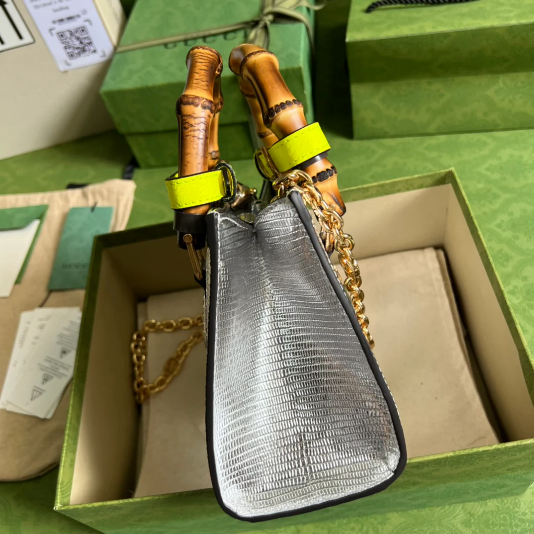 Сумка Gucci из бамбука - с рисунком серебристой ящерицы - 20x16x10 см