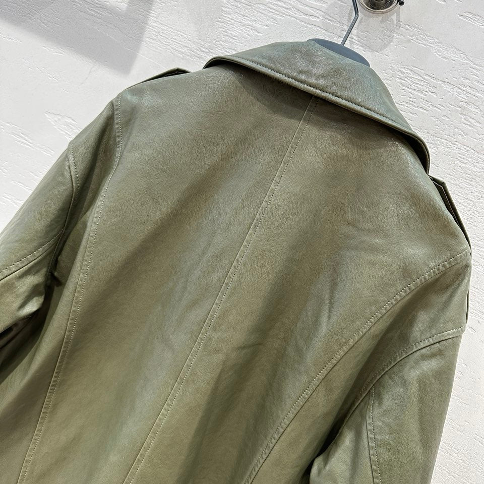 Balenciaga - 2403 - Новинка ранней весны - Стильная кожаная мотоциклетная куртка - Оливково-зеленый