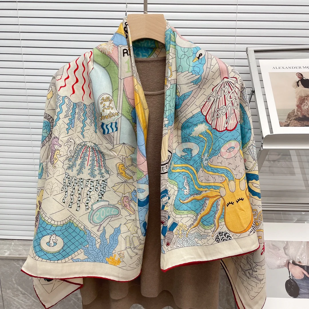 Большой двусторонний шарф Hermes - 136 см - 30 - Шелк 70 - Шерсть - 4