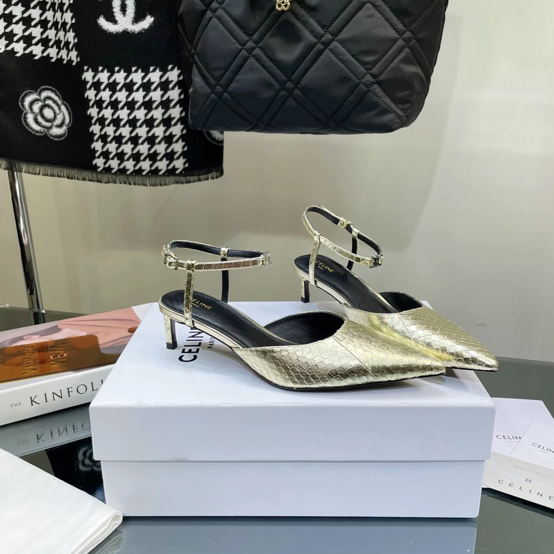 Новинка сезона весна/лето 2023 от Celine — сандалии на низком каблуке с острым носком.