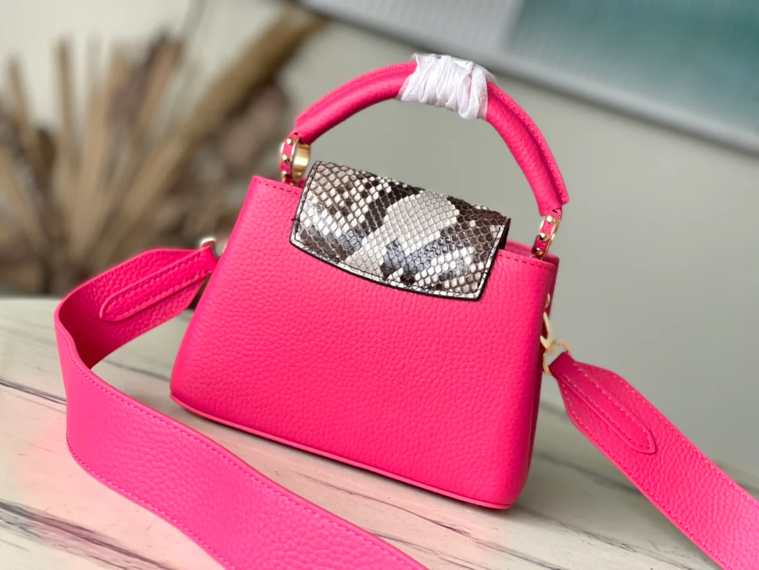 m48865-LV-Taurilon Leather-Capucines Handbag-Snake Skin Rose Red-Mini